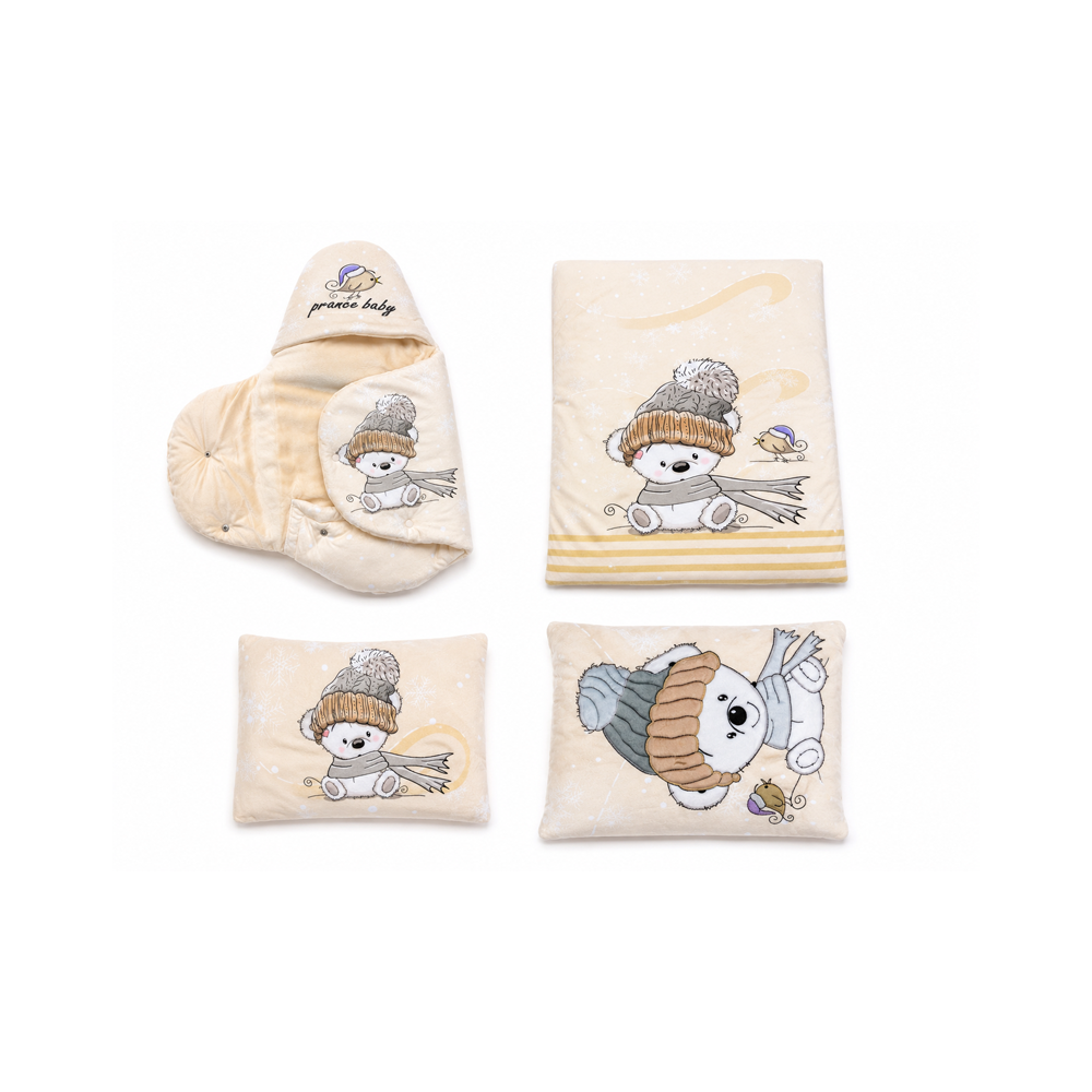 4-piece baby blanket set, bear winter hat design ست پتو نوزادی 4 تیکه طرح خرس کلاه زمستونی