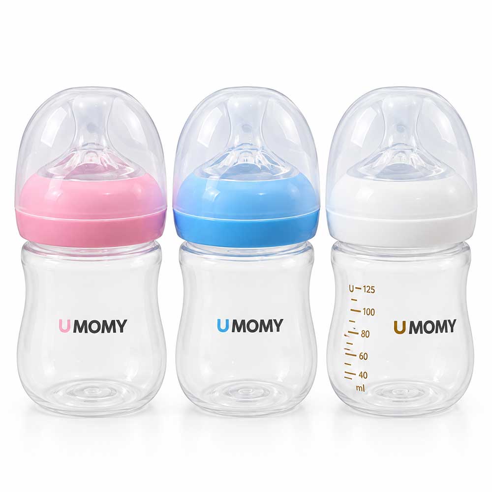 شیشه شیر پروپیلن دهانه عریض 125 میلی مثبت 6 ماه برند UMOMY